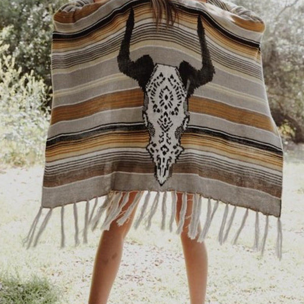 Leto Desert Wanderer Cow Skull Striped Poncho - Opulent EmpireLeto Desert Wanderer Cow Skull Striped PonchoOpulent EmpireClothing