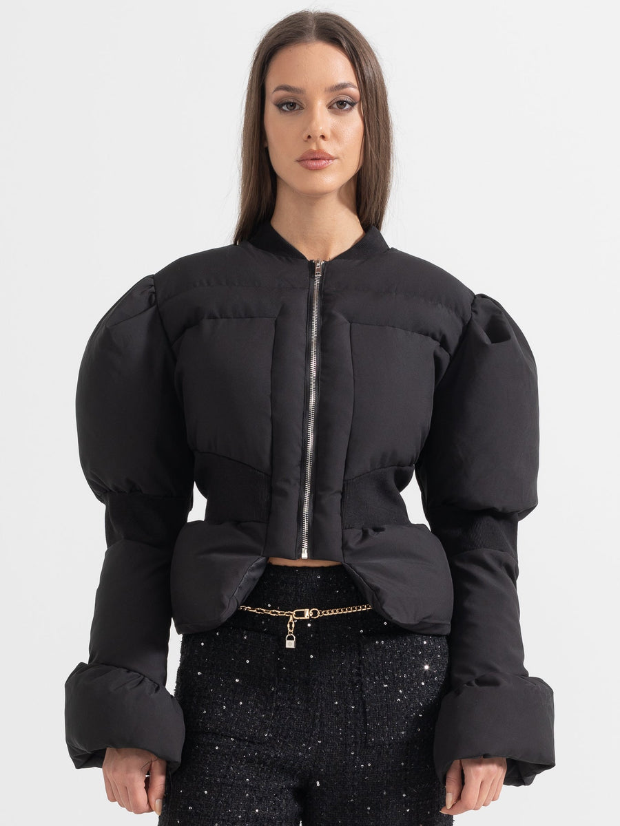 Cropped Puffer Jacket With Fitted Waistline - Black