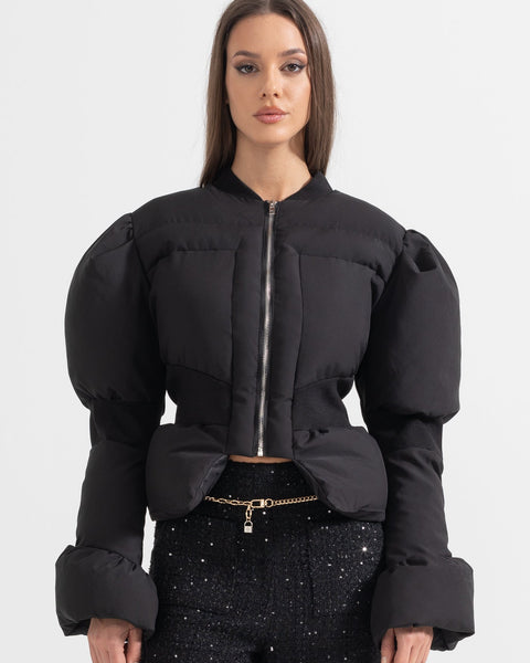 Cropped Puffer Jacket With Fitted Waistline - Black