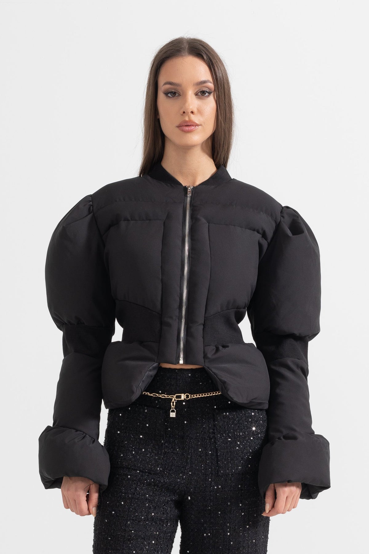 Galatea — Cropped Puffer Jacket With Fitted Waistline - Black