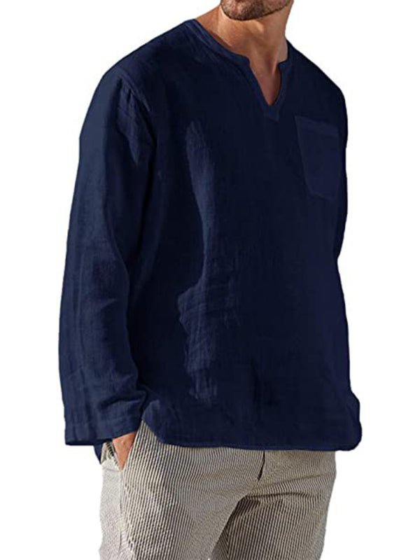 Men's Long Sleeve V Neck Casual Beach Linen Shirt