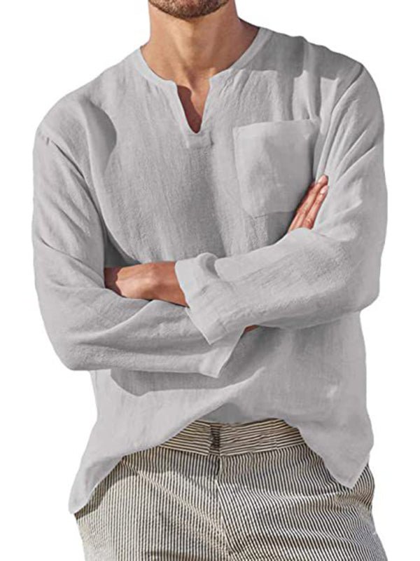 Men's Long Sleeve V Neck Casual Beach Linen Shirt