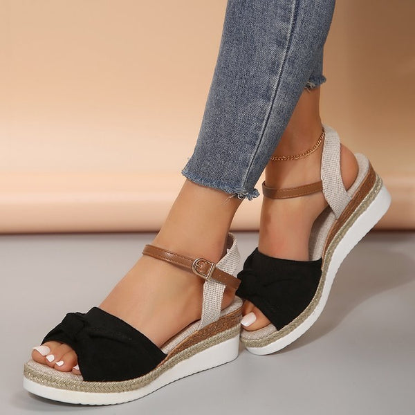 New Thick-soled Bow Sandals Summer Fashion Casual Linen Buckle Wedges Shoes For Women - Opulent EmpireNew Thick-soled Bow Sandals Summer Fashion Casual Linen Buckle Wedges Shoes For WomenOpulent Empire4