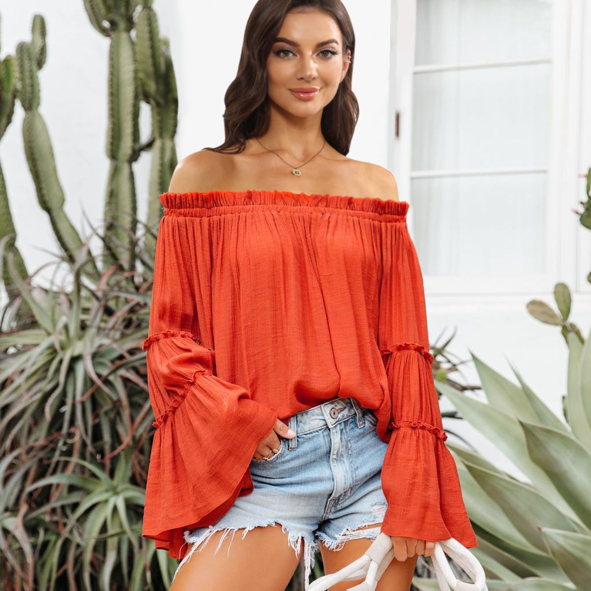 Off-Shoulder Frill Trim Blouse - Opulent EmpireOff-Shoulder Frill Trim BlouseOpulent Empire