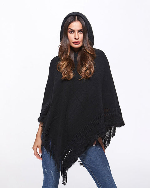 Openwork Fringe Hem Hooded Poncho - Opulent EmpireOpenwork Fringe Hem Hooded PonchoOpulent EmpireClothing