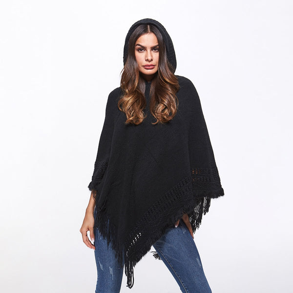 Openwork Fringe Hem Hooded Poncho - Opulent EmpireOpenwork Fringe Hem Hooded PonchoOpulent EmpireClothing