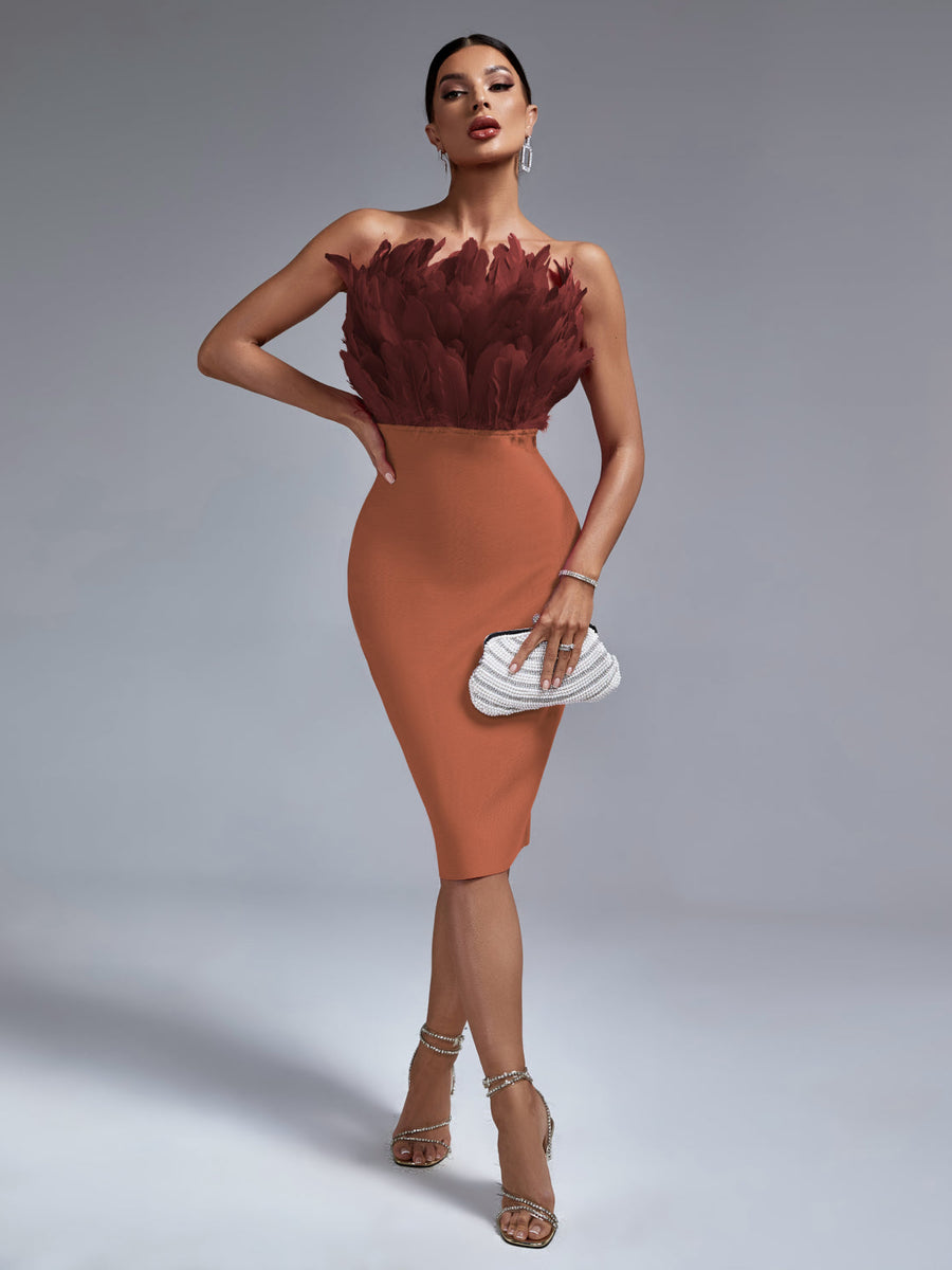 Elegant Strapless Feather-Trim Midi Bandage Dress