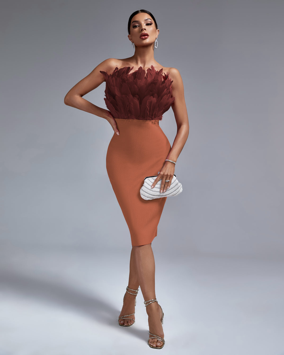Nadine Beaumont — Elegant Strapless Feather-Trim Midi Bandage Dress, alternate view 9
