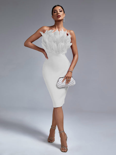 Elegant Strapless Feather-Trim Midi Bandage Dress