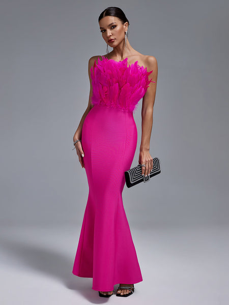 Elegant Strapless Feather-Embellished Maxi Bandage Dress