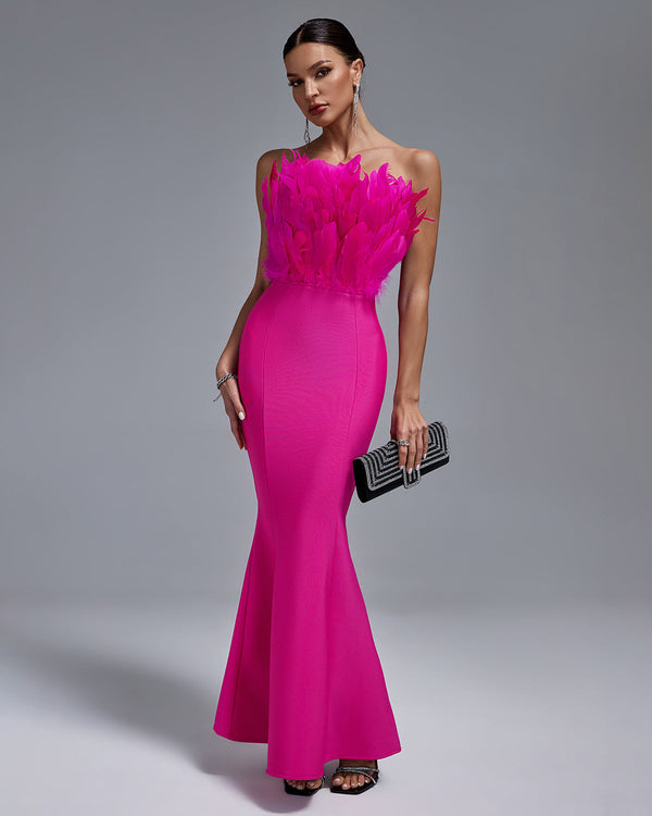 Elegant Strapless Feather-Embellished Maxi Bandage Dress