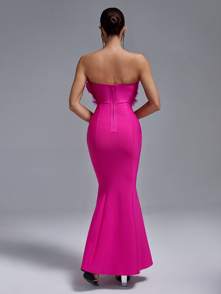 Elegant Strapless Feather-Embellished Maxi Bandage Dress