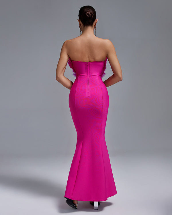 Elegant Strapless Feather-Embellished Maxi Bandage Dress
