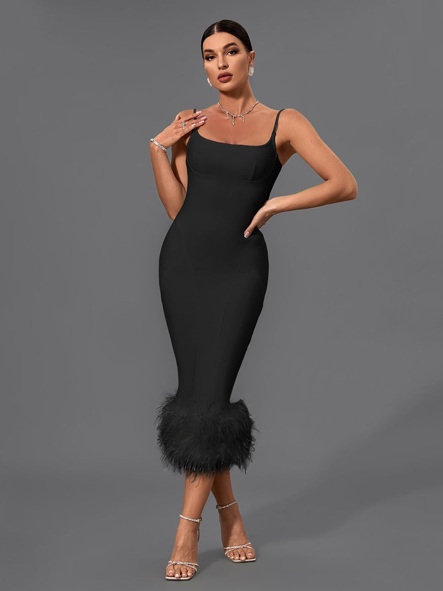 Chic Strappy Feather-Accented Midi Bandage Dress