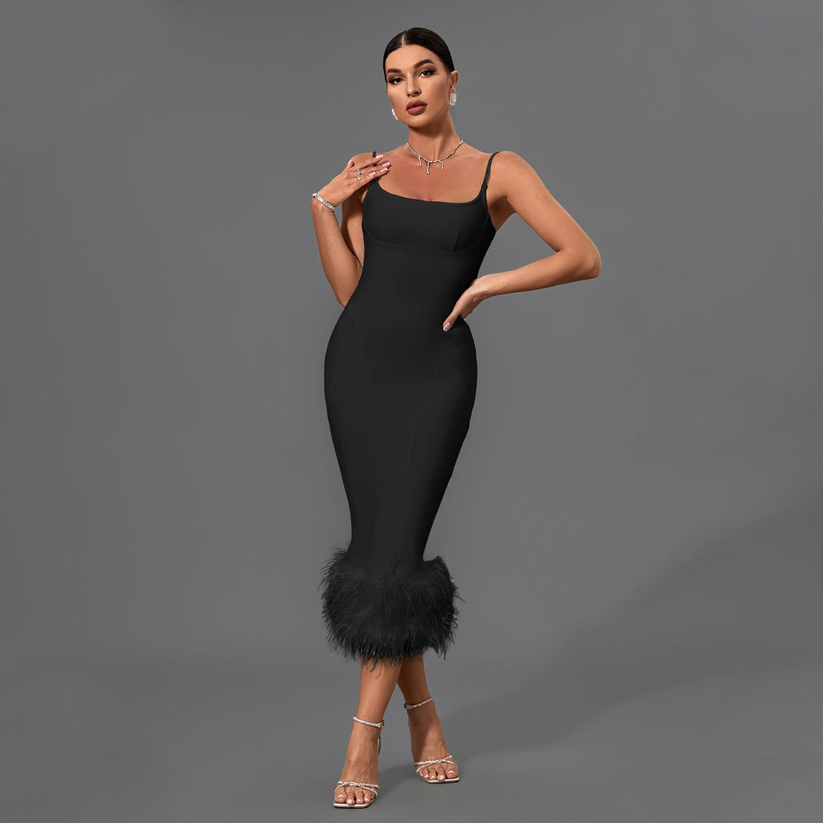 Chic Strappy Feather-Accented Midi Bandage Dress