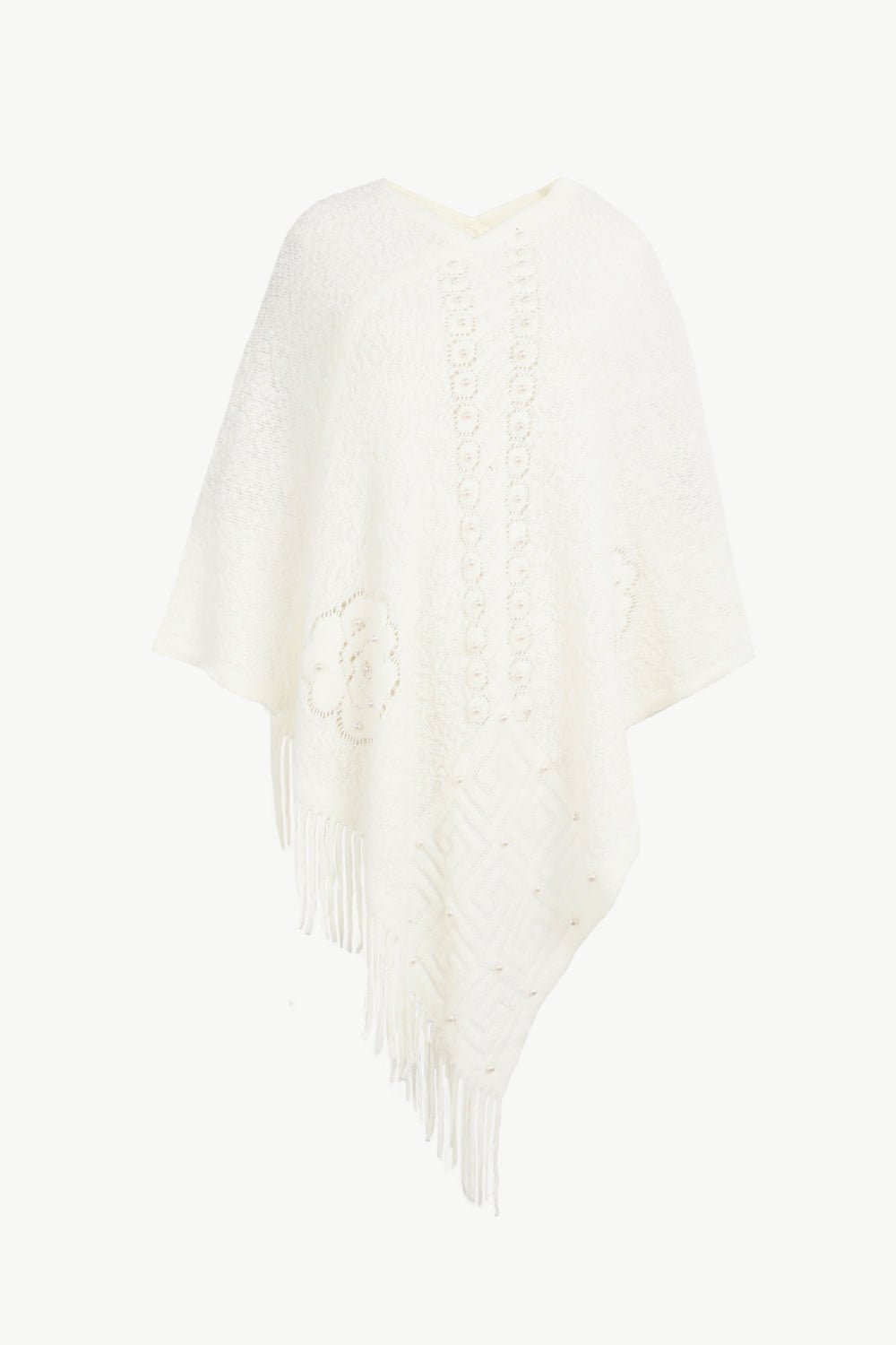 Pearl Trim Fringe Hem Poncho - Opulent EmpirePearl Trim Fringe Hem PonchoOpulent EmpireClothing