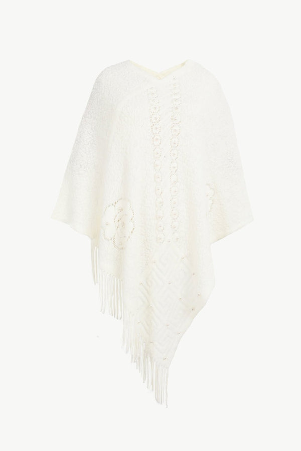 Pearl Trim Fringe Hem Poncho - Opulent EmpirePearl Trim Fringe Hem PonchoOpulent EmpireClothing