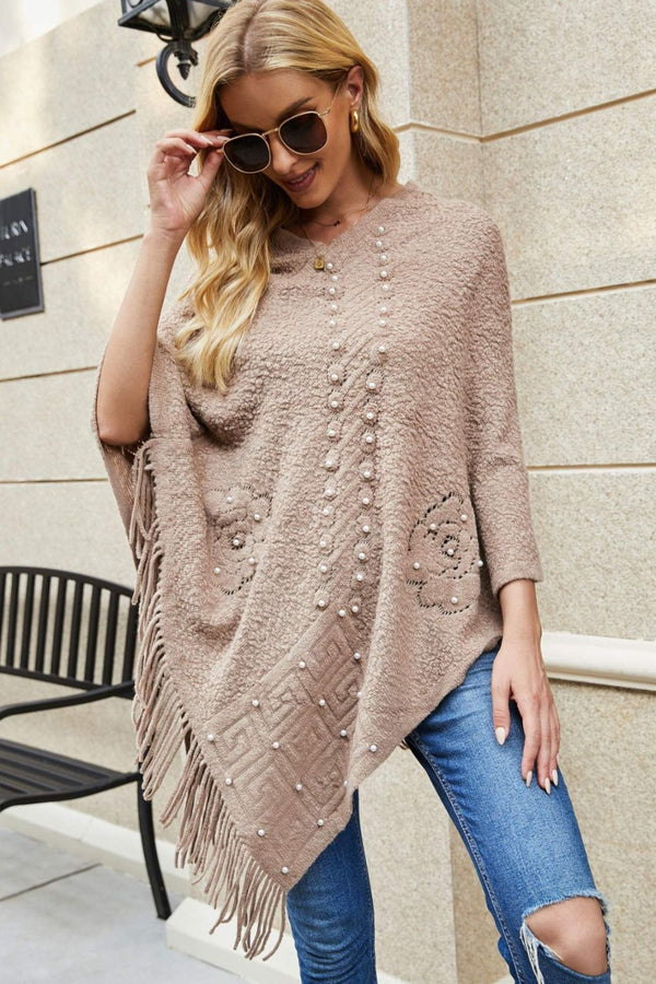 Pearl Trim Fringe Hem Poncho - Opulent EmpirePearl Trim Fringe Hem PonchoOpulent EmpireClothing