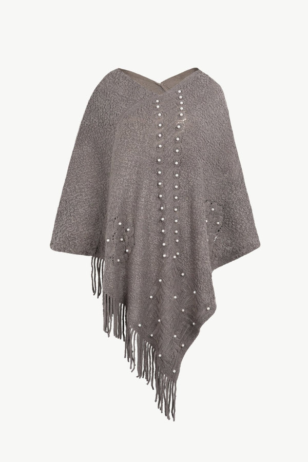 Pearl Trim Fringe Hem Poncho - Opulent EmpirePearl Trim Fringe Hem PonchoOpulent EmpireClothing