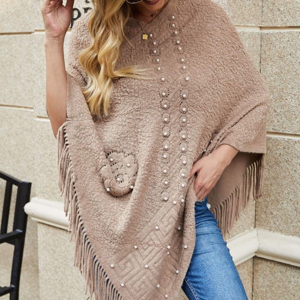 Pearl Trim Fringe Hem Poncho - Opulent EmpirePearl Trim Fringe Hem PonchoOpulent EmpireClothing