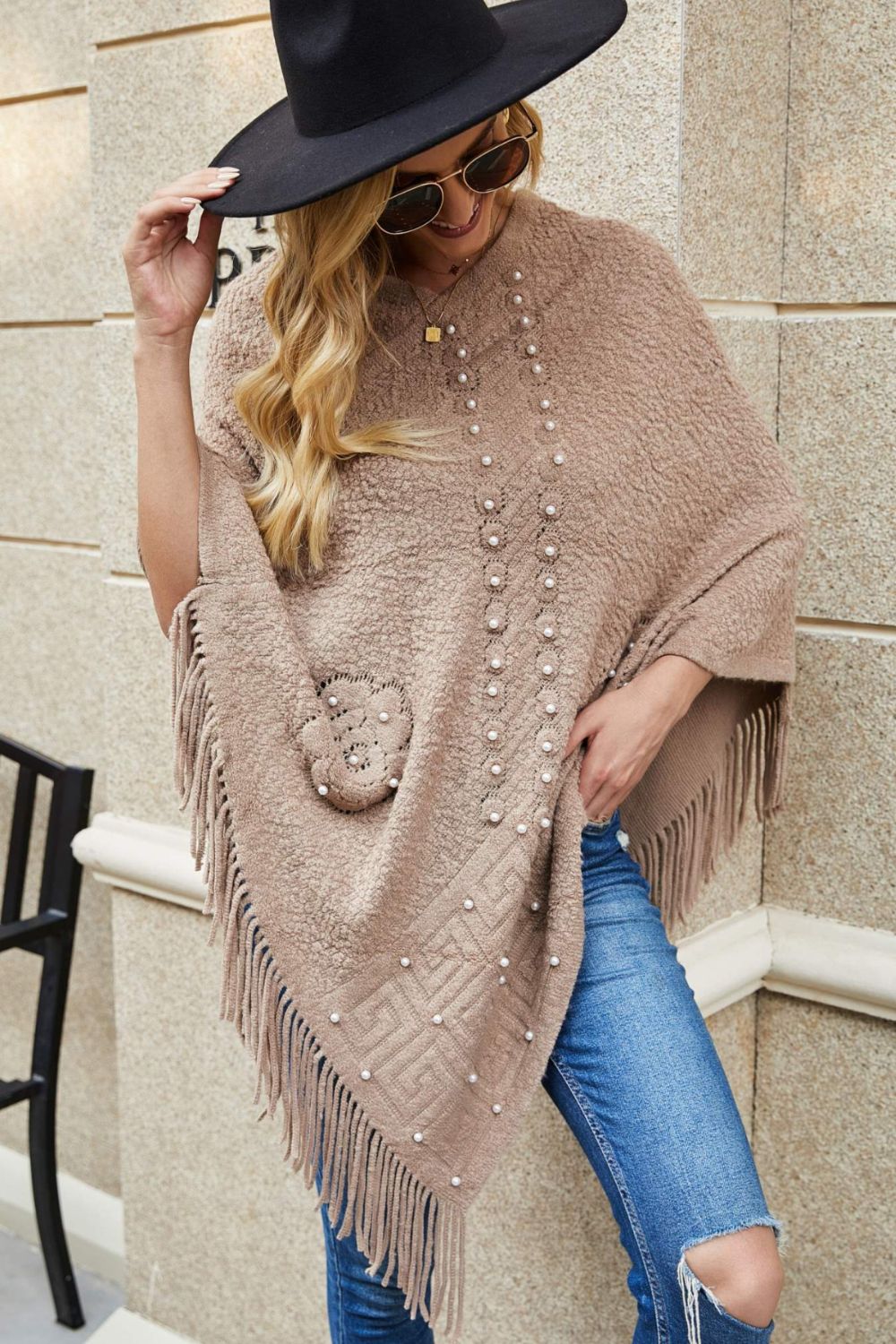 Pearl Trim Fringe Hem Poncho - Opulent EmpirePearl Trim Fringe Hem PonchoOpulent EmpireClothing