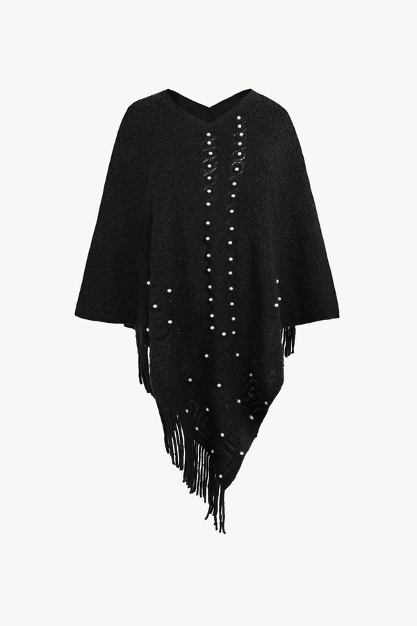 Pearl Trim Fringe Hem Poncho - Opulent EmpirePearl Trim Fringe Hem PonchoOpulent EmpireClothing