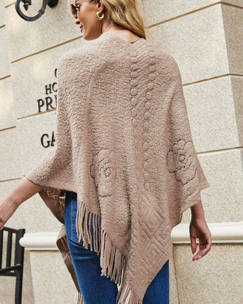 Pearl Trim Fringe Hem Poncho - Opulent EmpirePearl Trim Fringe Hem PonchoOpulent EmpireClothing