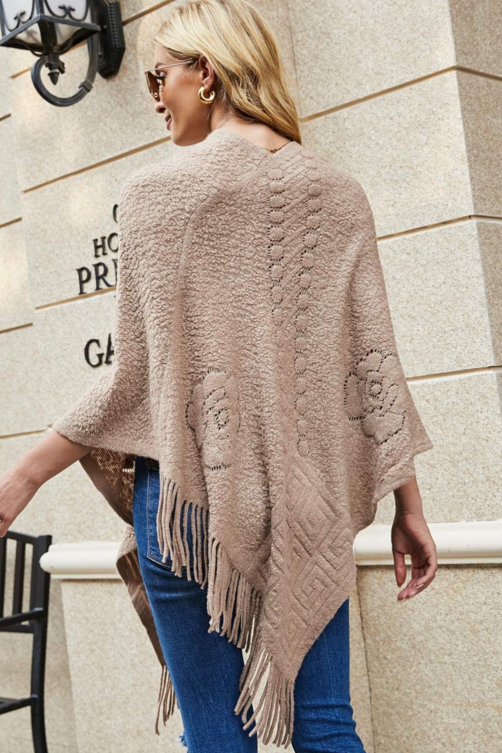 Pearl Trim Fringe Hem Poncho - Opulent EmpirePearl Trim Fringe Hem PonchoOpulent EmpireClothing