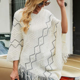 Pearl Trim V-Neck Fringe Hem Poncho - Opulent EmpirePearl Trim V-Neck Fringe Hem PonchoOpulent EmpireClothing