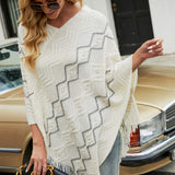 Pearl Trim V-Neck Fringe Hem Poncho - Opulent EmpirePearl Trim V-Neck Fringe Hem PonchoOpulent EmpireClothing