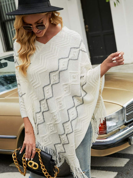 Pearl Trim V-Neck Fringe Hem Poncho - Opulent EmpirePearl Trim V-Neck Fringe Hem PonchoOpulent EmpireClothing