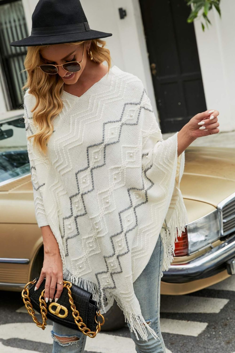 Pearl Trim V-Neck Fringe Hem Poncho - Opulent EmpirePearl Trim V-Neck Fringe Hem PonchoOpulent EmpireClothing