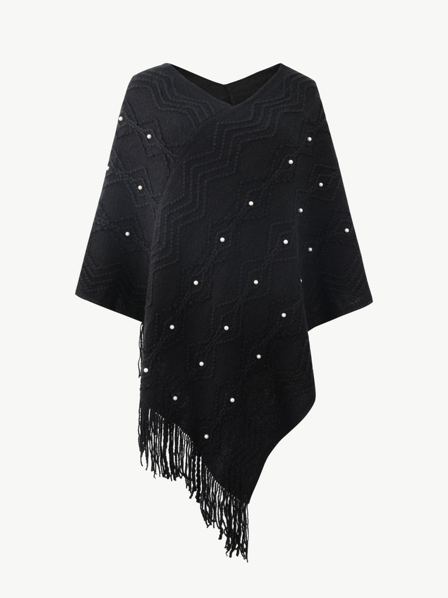 Pearl Trim V-Neck Fringe Hem Poncho - Opulent EmpirePearl Trim V-Neck Fringe Hem PonchoOpulent EmpireClothing