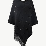 Pearl Trim V-Neck Fringe Hem Poncho - Opulent EmpirePearl Trim V-Neck Fringe Hem PonchoOpulent EmpireClothing