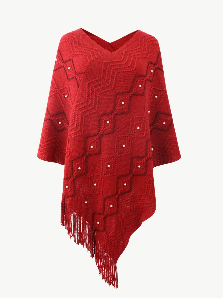 Pearl Trim V-Neck Fringe Hem Poncho - Opulent EmpirePearl Trim V-Neck Fringe Hem PonchoOpulent EmpireClothing