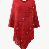 Pearl Trim V-Neck Fringe Hem Poncho - Opulent EmpirePearl Trim V-Neck Fringe Hem PonchoOpulent EmpireClothing