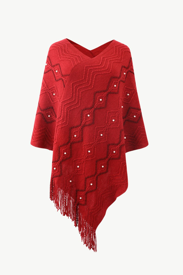 Pearl Trim V-Neck Fringe Hem Poncho - Opulent EmpirePearl Trim V-Neck Fringe Hem PonchoOpulent EmpireClothing