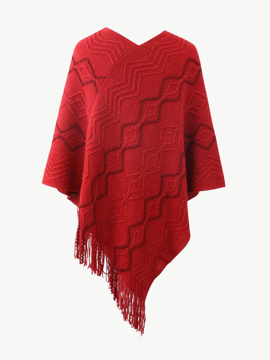 Pearl Trim V-Neck Fringe Hem Poncho - Opulent EmpirePearl Trim V-Neck Fringe Hem PonchoOpulent EmpireClothing