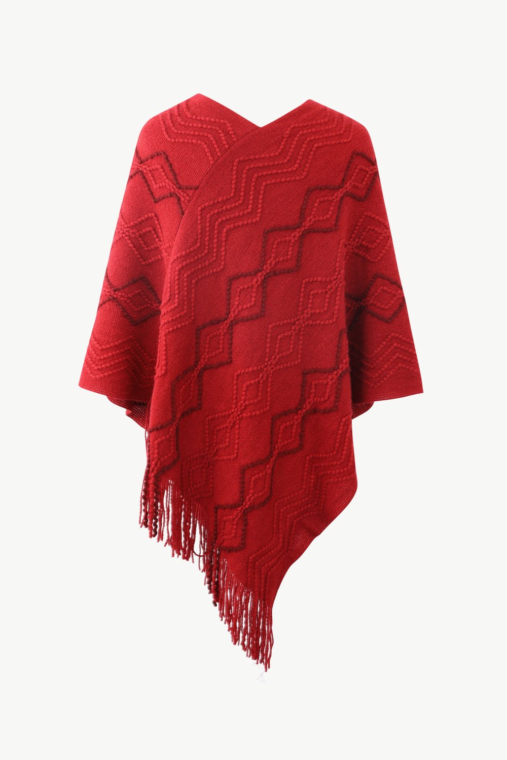 Pearl Trim V-Neck Fringe Hem Poncho - Opulent EmpirePearl Trim V-Neck Fringe Hem PonchoOpulent EmpireClothing