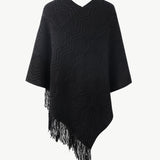 Pearl Trim V-Neck Fringe Hem Poncho - Opulent EmpirePearl Trim V-Neck Fringe Hem PonchoOpulent EmpireClothing