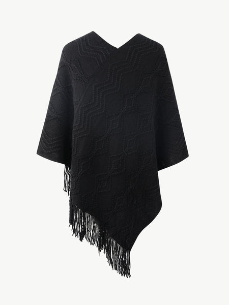 Pearl Trim V-Neck Fringe Hem Poncho - Opulent EmpirePearl Trim V-Neck Fringe Hem PonchoOpulent EmpireClothing