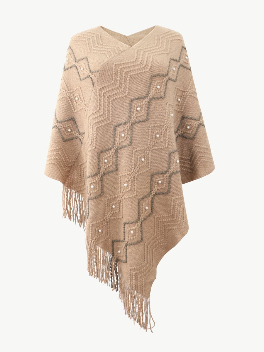 Pearl Trim V-Neck Fringe Hem Poncho - Opulent EmpirePearl Trim V-Neck Fringe Hem PonchoOpulent EmpireClothing