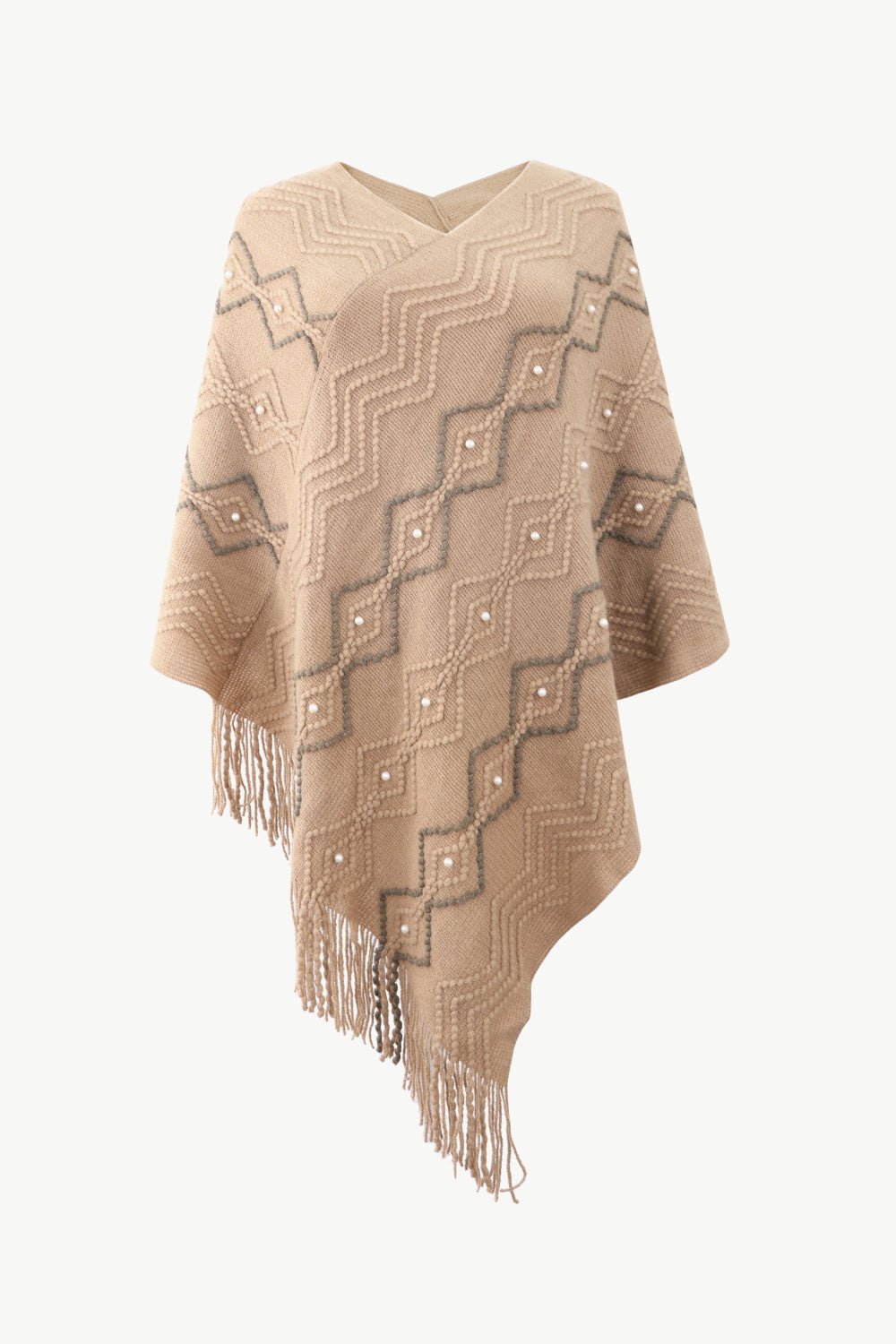 Pearl Trim V-Neck Fringe Hem Poncho - Opulent EmpirePearl Trim V-Neck Fringe Hem PonchoOpulent EmpireClothing