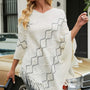 Pearl Trim V-Neck Fringe Hem Poncho - Opulent EmpirePearl Trim V-Neck Fringe Hem PonchoOpulent EmpireClothing