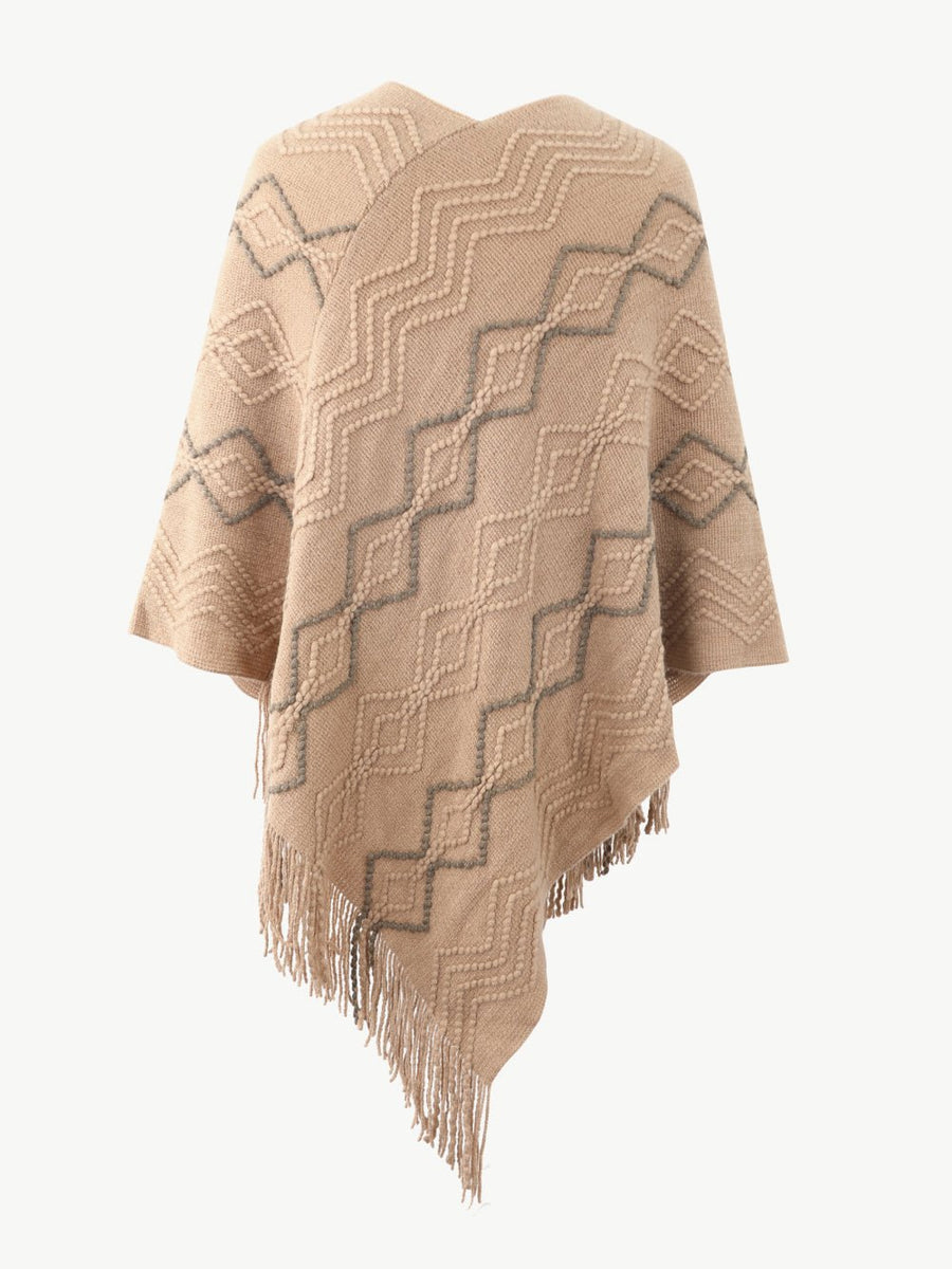 Pearl Trim V-Neck Fringe Hem Poncho - Opulent EmpirePearl Trim V-Neck Fringe Hem PonchoOpulent EmpireClothing