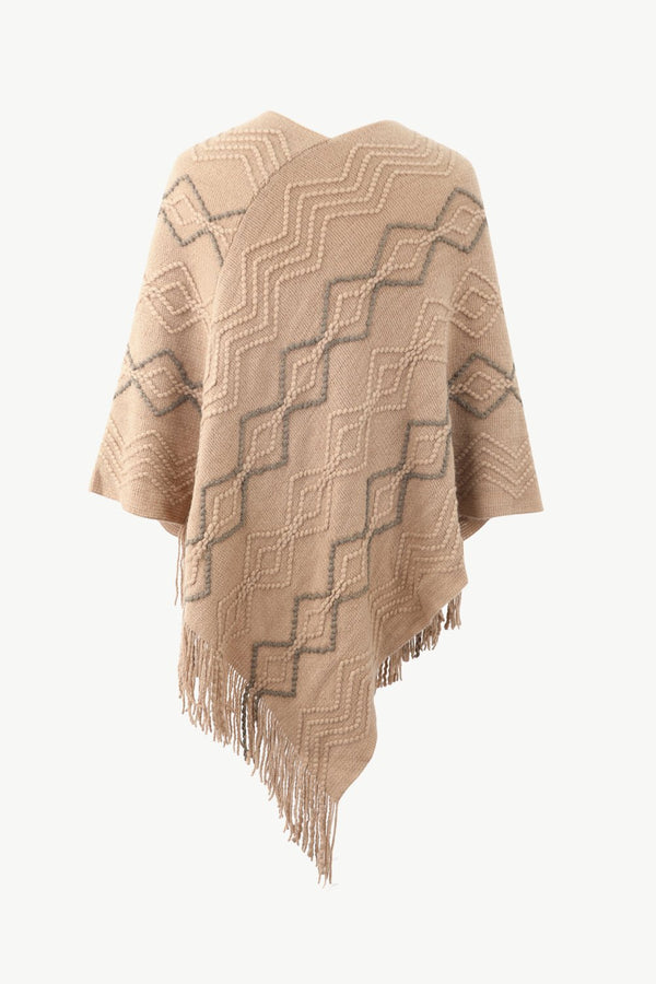 Pearl Trim V-Neck Fringe Hem Poncho - Opulent EmpirePearl Trim V-Neck Fringe Hem PonchoOpulent EmpireClothing