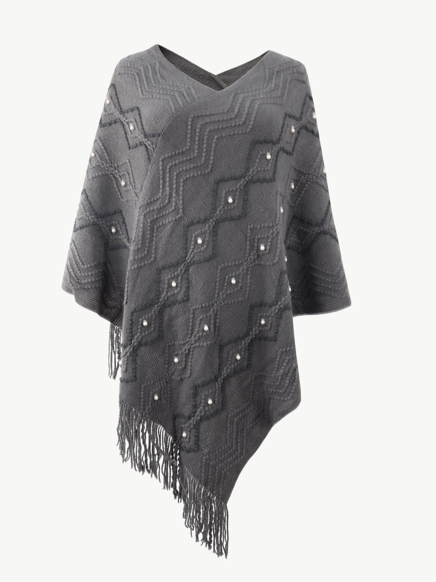 Pearl Trim V-Neck Fringe Hem Poncho - Opulent EmpirePearl Trim V-Neck Fringe Hem PonchoOpulent EmpireClothing