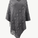 Pearl Trim V-Neck Fringe Hem Poncho - Opulent EmpirePearl Trim V-Neck Fringe Hem PonchoOpulent EmpireClothing