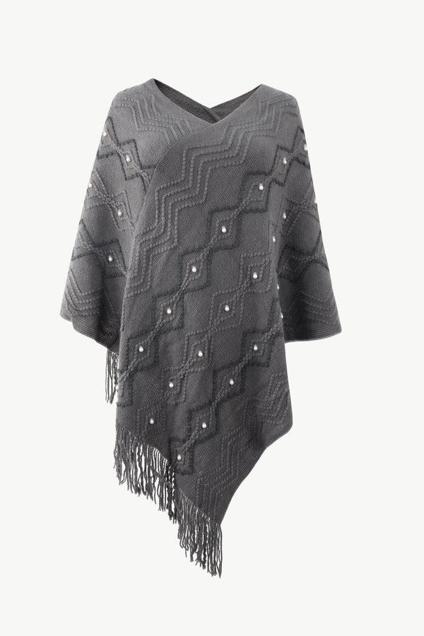 Pearl Trim V-Neck Fringe Hem Poncho - Opulent EmpirePearl Trim V-Neck Fringe Hem PonchoOpulent EmpireClothing