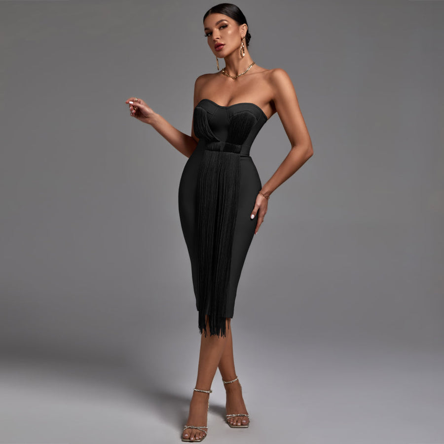 Chic Strapless Midi Bandage Dress with Stylish Tassels